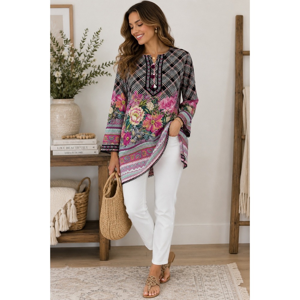 Bonanza Satrangi Alive Floral Grid Tunic Kurti Top Black Pink Size 10 NEW